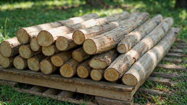 there is a pile of logs sitting on a pallet in the grass