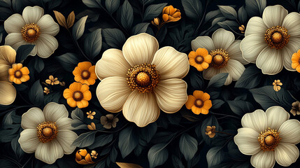 Decorative floral design with cream and gold blossoms, dark foliage background