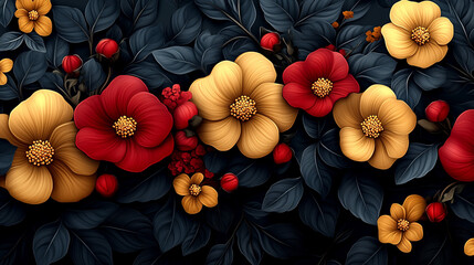 Decorative floral border with red and gold blossoms on dark background