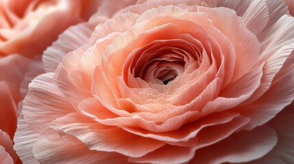 Close-up of a pink ranunculus glowing softly against a clean white background.