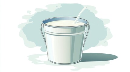 Metal bucket filled with milky liquid, casting a shadow on white background