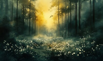 Obraz premium Watercolor forest with blooming white flowers.