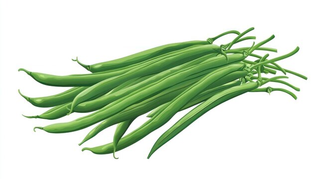 Pile of fresh, vibrant green string beans with stems on a white backdrop