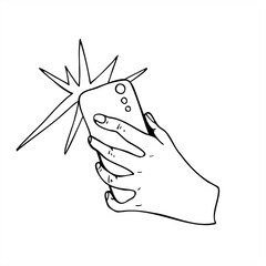 Hand holding smartphone back view with flash icon monochrome vector illustration painted by black inks. For selfie concepts, blogging tutorials and social media content, and tech related projects