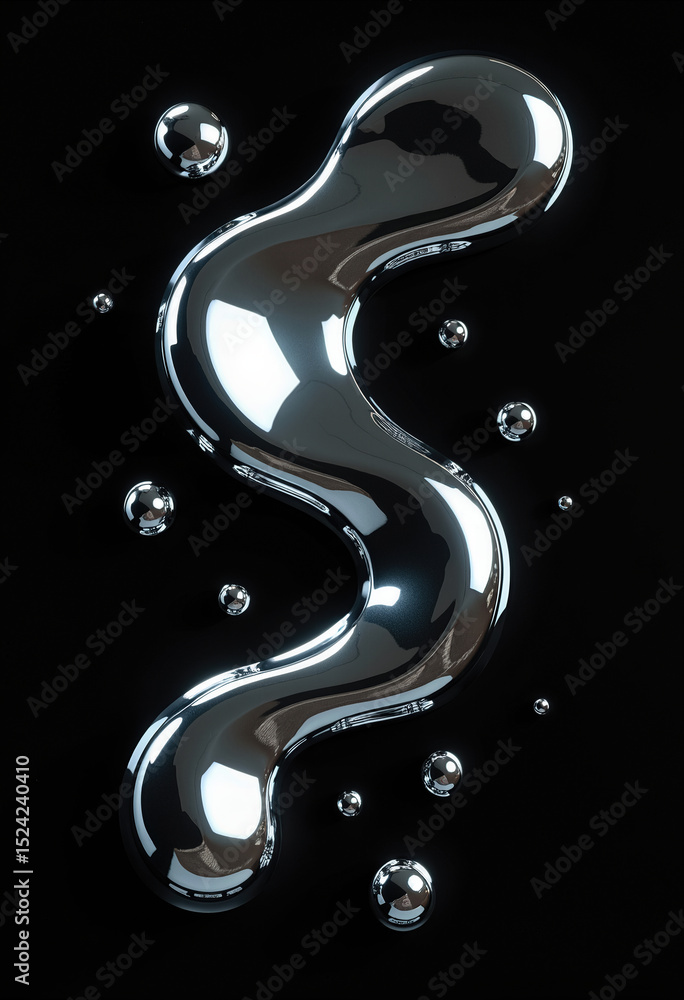 Poster a dynamic 3d render of a fluid, s-shaped liquid metal form, with reflective chrome droplets creating