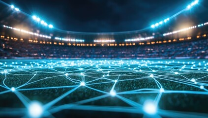 Stadium network, digital connections,  glowing lines on field