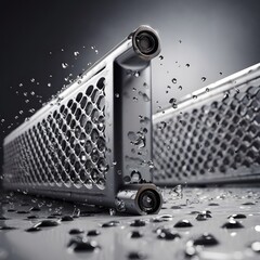 Perforated Steel Frame with Bearings, Close-up of a perforated industrial steel frame with roller bearings, likely used in filtration or drainage systems.