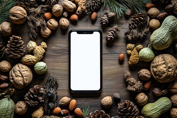 Smartphone surrounded by nuts and pine cones on a wooden surface