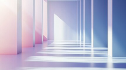 Obraz premium Empty, pastel-toned interior hallway with columns. Sunlight streams in, casting shadows