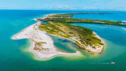 This is a drone view of Honeymoon Island State Park on the Gulf coast, in Dunedin, Florida.