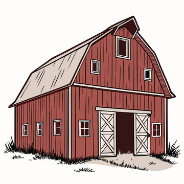 Illustration of a red barn with open doors farm building country architecture rural scene vector drawing
