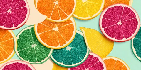 Bright Citrus Fruit Slices Illustration on Pastel Background