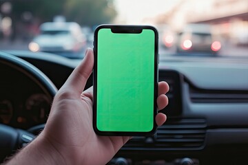 A hand holds a smartphone with a green screen, inside a car. City traffic is visible in the background