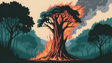 Wildfires in the forest, illustration of trees burning 