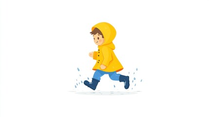 Obraz premium Child runs joyfully in rain, wearing a bright yellow raincoat and blue boots