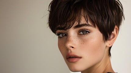 Dark chocolate brown pixie cut ultra short neatly tapered exuding a minimalist yet powerful presence