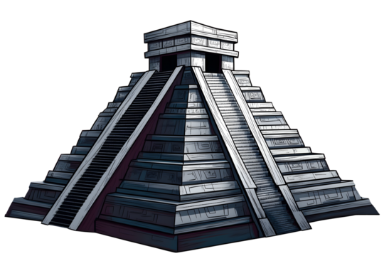 A geometric illustration of a Mayan pyramid, designed with clean, modern lines