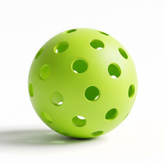 A close-up shot of a bright green pickleball, featuring multiple circular holes, casts a subtle shadow on a white background. Generative AI.
