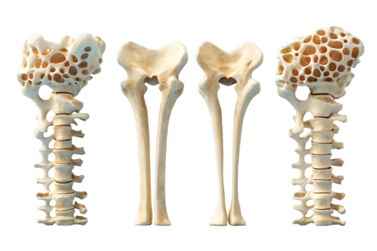 Osteoporosis bone density loss stages illustration, healthy to brittle femur cross sections, medical comparison concept, aging skeletal disease, anatomical cutaway, 3D render on blue background