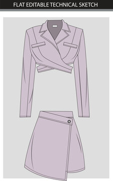 Flat Editable Technical Sketch of a Fashion  crop blazzer and skirt