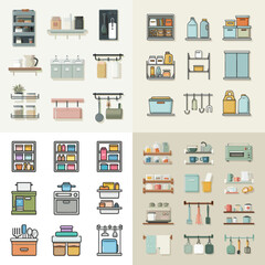 Colorful set of kitchen shelves, storage, and appliances in minimalist style, perfect for interior, organization, and cooking illustrations.

