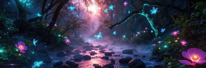 Underwater scene with rays of light, Enchanted Forest with Bioluminescent Light, fantasy landscape, magical landscape