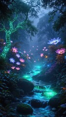Underwater scene with rays of light, Enchanted Forest with Bioluminescent Light, fantasy landscape, magical landscape