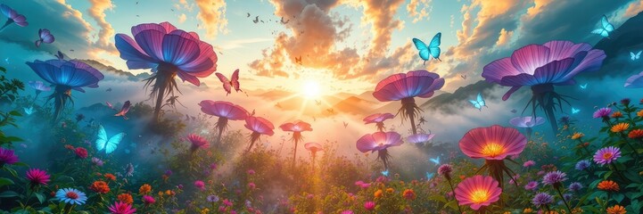 Valley of Giant Magical Flowers, pink water lilies, flower landscape, fantasy landscape, magical landscape