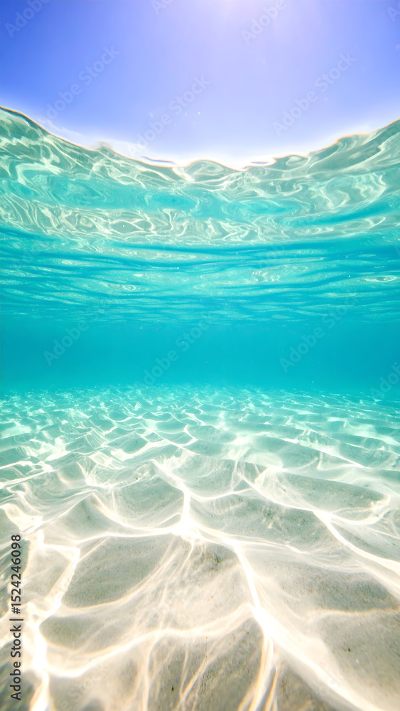 Poster an underwater view captures the clear turquoise ocean with sunlight filtering through the surface, i