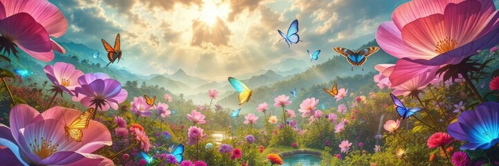 Valley of Giant Magical Flowers, pink water lilies, flower landscape, fantasy landscape, magical landscape