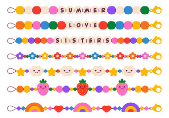Naklejka premium Kids jewelry. Plastic beads decorating handmade fashioned elements 90s style jewelry. friendship bracelets and letter beads