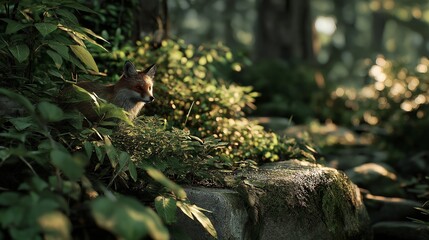 A cunning red fox subtly peeking from behind lush green foliage in a sun-dappled forest, capturing a moment of wild beauty