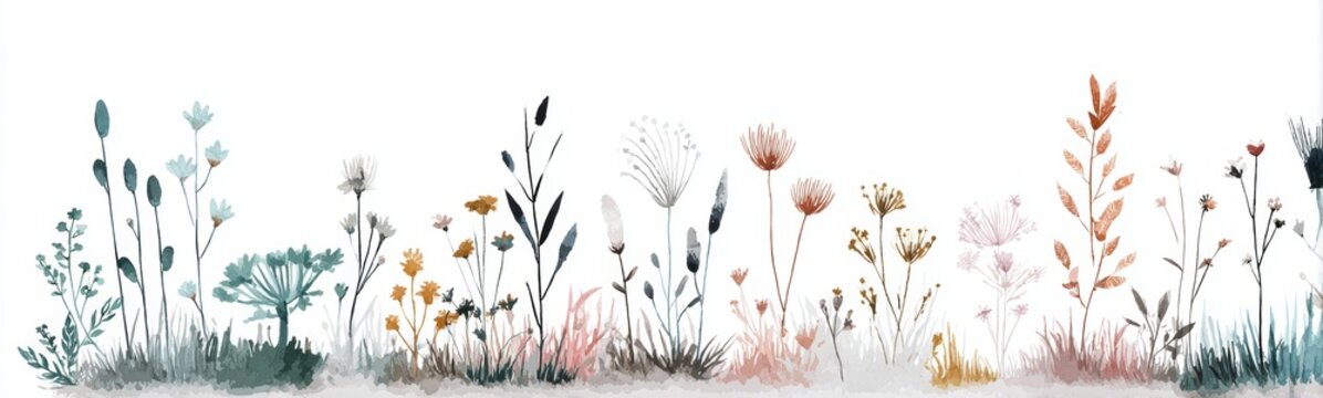 Watercolor wildflowers and herbs creating a botanical naif background, pastel tones