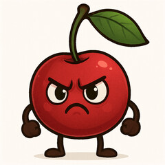 Angry Cartoon Cherry Character with Leaf and Fists on White Background
