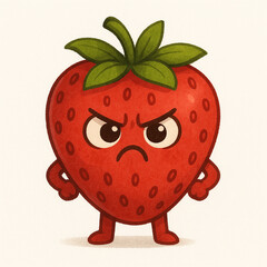 Grumpy Cartoon Strawberry Character with Hands on Hips and Bold Expression
