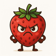 Furious Strawberry Cartoon Character with Leafy Top and Clenched Fists

