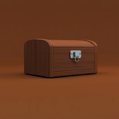 Wooden Treasure Chest Sits Closed on Brown Background

