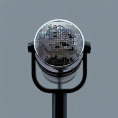 Pixelated Microphone Stands Solemnly on Grey Backdrop

