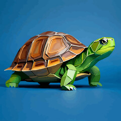 Low Poly Turtle Walks Slowly on Blue Background

