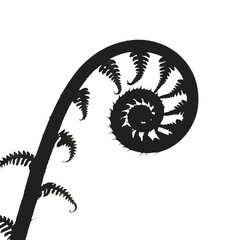 Fern frond unfurling silhouette black and white botanical nature plant growth spiral design art print 
