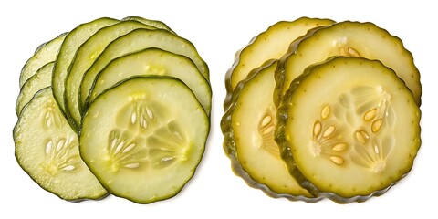 Pickle slices isolated on white background, dill pickle chips cut