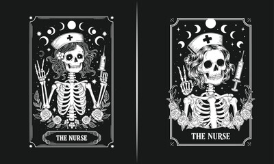 Skeleton Nurse Design with Syringe and Roses - 'THE NURSE' Gothic Medical Artwork