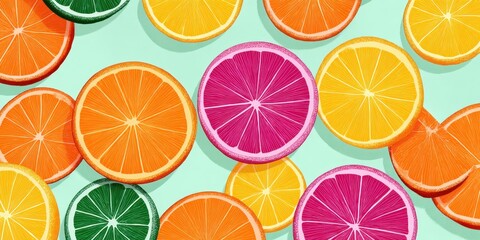 Sliced Citrus Fruits in Vibrant Colors on Soft Pastel Background