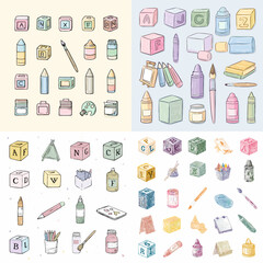 Cute pastel icon collection of school supplies like crayons, pencils, ABC blocks, and notebooks. Great for preschool, education, or early childhood content.

