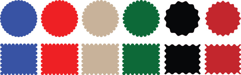 Color rectangle frames with wiggly borders. Geometric shapes with scallop and zigzag edges set. Silhouette stickers circle, Scalloped edge seamless set