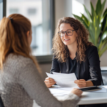 A realistic photo of a modern, friendly office setting. 2 people in interview attire are sitting around a desk, face to face interview a work topic. They are focused, engaged