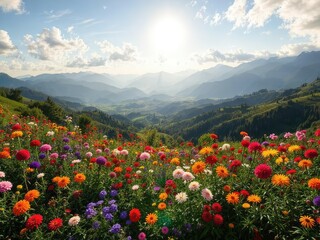 Fototapeta premium Sun-Drenched Hillside Flower Garden Oasis