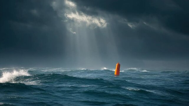 Ocean's Whispers: A striking image captures a small orange buoy adrift at sea under a dramatic sky, hinting at the vastness and power of nature