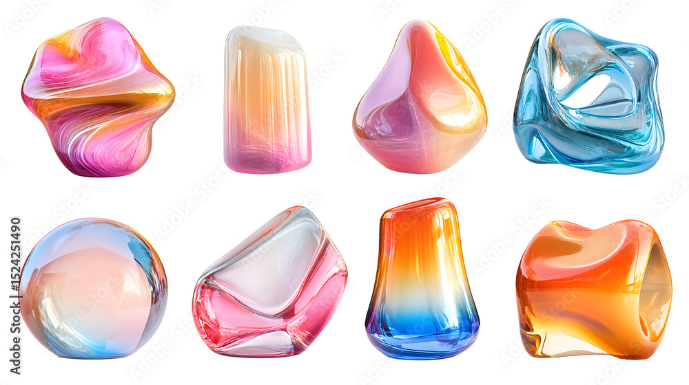 Poster set of abstract shapes with glass texture and colorful reflections isolated on white 3d rendering il