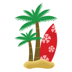 Surfboards and palm trees on the sandy beach